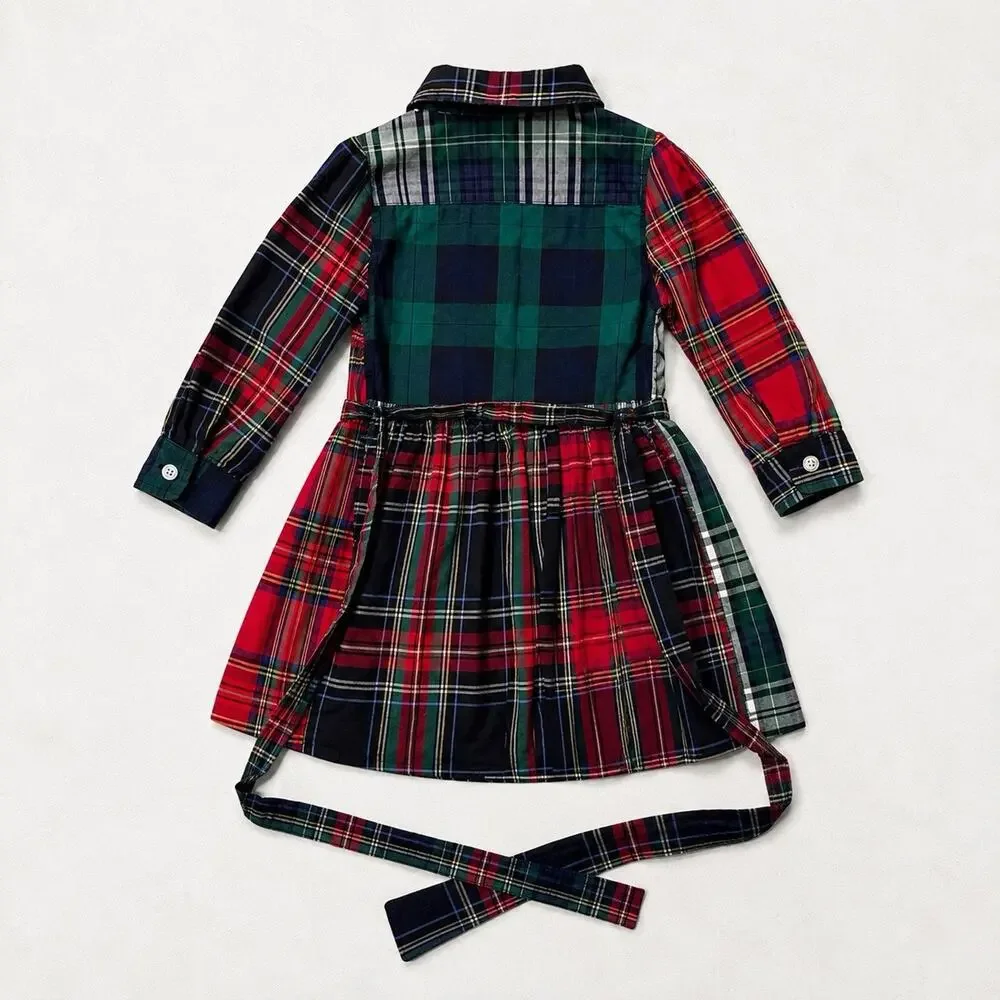 Ralph Lauren Girls Plaid Shirt Dress Size 12M Patchwork Long Sleeve Belted